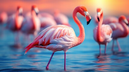 Pink flamingos gracefully tread on serene blue salt waters