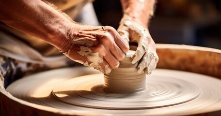 Clay takes shape on a fast-spinning pottery wheel
