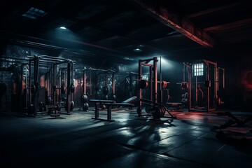 A dimly lit training area filled with weights and exercise equipment. Generative AI - obrazy, fototapety, plakaty