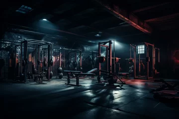 Fotobehang A dimly lit training area filled with weights and exercise equipment. Generative AI © James