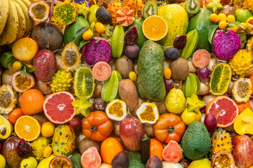 Variety of exotic fruits background.