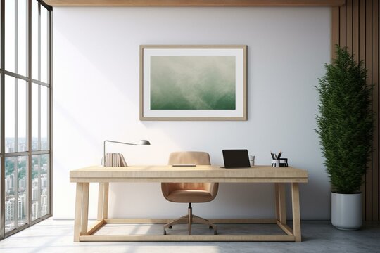 Modern office with computer and large window. Framed mockup. Generative AI