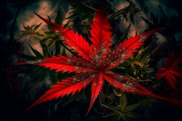 Red cannabis leaf. Red grass plant. Generate Ai