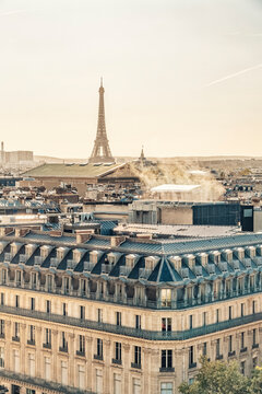 France, Ile-De-France, Paris, Residential district with Eiffel Tower in distant background