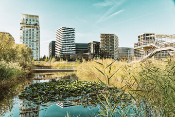 France, Ile-De-France, Paris, Lake and modern apartments in Parc Clichy-Batignolles - Martin Luther King