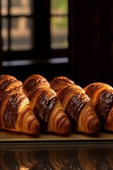 a Parisian bakery window display featuring rows of pain au chocolat