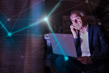 Digital composite image of connecting dots and thoughtful senior businessman with laptop in office