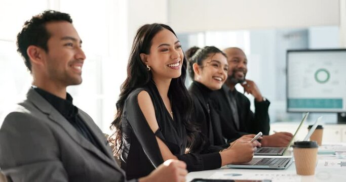 Meeting, business people listening and planning in office for b2b project with smile and collaboration. Audience, men and women at workshop in corporate training, technology or brainstorming together