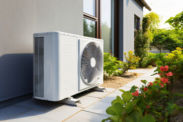 Heat pump in front of a single-family house - obrazy, fototapety, plakaty