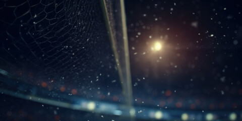 Abstract blur sports background. Close up view of soccer goalpost and net on background of illuminated stadium with floodlights on snowy night. - obrazy, fototapety, plakaty