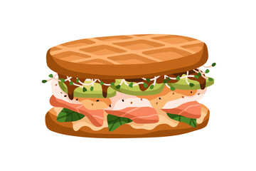 Waffle sandwich with salmon, greens and avocado slices. Tasty breakfast food, eating, snack, microgreen, red fish, sauce filling, stuffing. Flat vector illustration isolated on white background