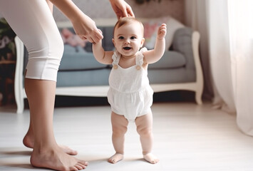 charming little girl in diapers takes her first steps at home holding hands with her mother, the child learns to walk at home in a bright living room - obrazy, fototapety, plakaty