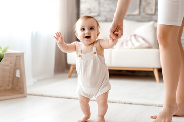 charming little girl in diapers takes her first steps at home holding hands with her mother, the child learns to walk at home in a bright living room