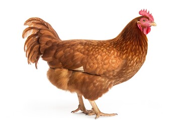 Brown chicken standing on white background, looking at camera with bright eyes.