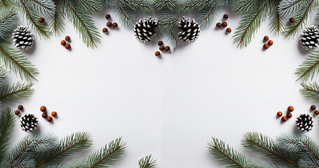 ghirlanda di aghi di pino, bacche di pungitopo e palle di natale , vista dall'alto su sfondo bianco , spazio per testo, concetto di biglietto di auguri natalizi - obrazy, fototapety, plakaty