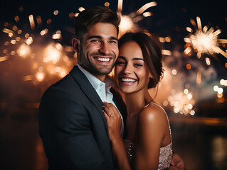 giovane coppia felice al veglione di capodanno vestita elegantemente , sfondo con fuochi d'artificio, concetto di festa o celebrazione