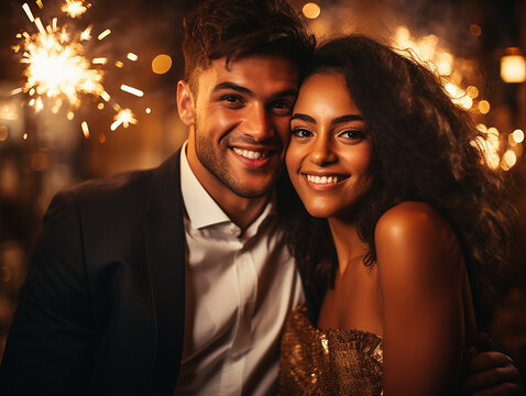 giovane coppia felice al veglione di capodanno vestita elegantemente , sfondo con fuochi d'artificio, concetto di festa o celebrazione