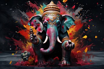 ganesha in color, in the style of colorful explosions, color splash, dark palette