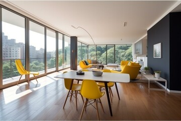 Contemporary flat featuring yellow accents, expansive windows, and ample natural light. Generative AI