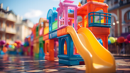 Colorful children's playground in park with blurred environment.