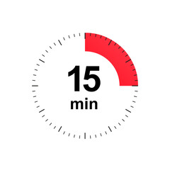 Stopwatch 15 minutes timer clock icon. Countdown timer. Different uses such as preparation time, cosmetic or chemical application time, waiting time. Vector illustration