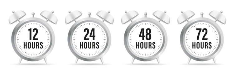 12, 24, 48, 72 hours clock arrow. Work time effect or delivery service time. Delivery service website symbols, online deal time remaining. Vector illustration