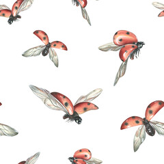 Red ladybugs with black dots flying. Hand drawn watercolor illustration. Simple seamless pattern on a white background.