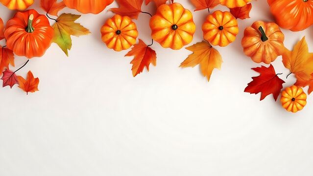 Festive autumn decoration of pumpkins and leaves on white wooden background.