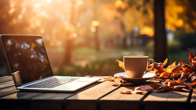 Laptop and cup of coffee on wooden table with autumn background.