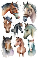 Watercolor collection of horses isolated