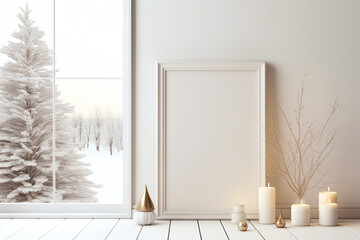 Scandinavian white Interior Design Background with Christmas elements. Contemporary Poster Mock up. Winter landscape outside the window