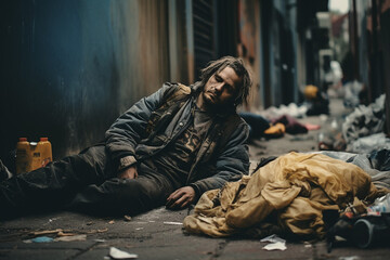 Homeless man dirty dress sitting on the street in the shadow of the building and begging for help and money.