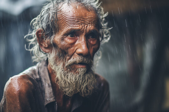 Portrait of old aged man beggar worried about next food