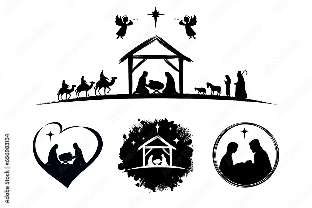 Wall mural Set of holy Christmas scene with silhouettes christian Nativity. Holiday concept collection with traditional characters holy night. Vector illustration of sacred elements for holiday cards