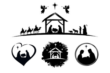 Set of holy Christmas scene with silhouettes christian Nativity. Holiday concept collection with traditional characters holy night. Vector illustration of sacred elements for holiday cards
