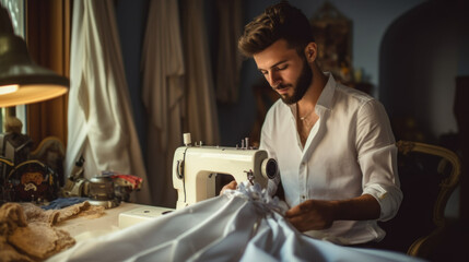 Sewing wedding dresses small business. Man Dressmaker designer working with wedding dress in atelier, closeup. Male seamstress tailor dressmaker designed wedding lace dress