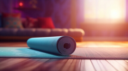 Roll yoga mat in a calm and quiet yoga studio with natural light  - obrazy, fototapety, plakaty