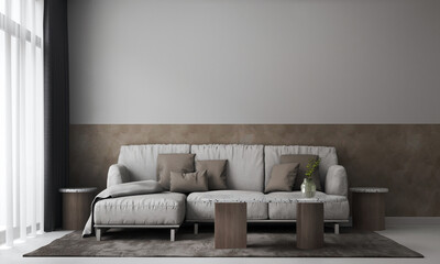 The living room and wall pattern background, Modern home interior, grey sofa and wooden tea table decor, 3d render.