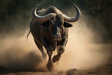 A powerful bull running aggressively with great force. Generative AI