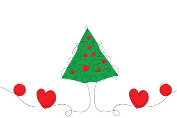 Hand drawn Thin continuous line Christmas tree with hearts Symbol vector, one line pine fir tree romantic relationship love sign, Minimalistic Outline single line art holiday cards decorations