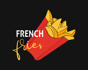 French fried potatoes in red box dark black background. Fast food, junk. Box with inscription.