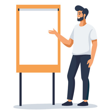 Flat vector illustration. Man standing in front of a large banner and giving a presentation. There is space for your text on the banner. . Vector illustration