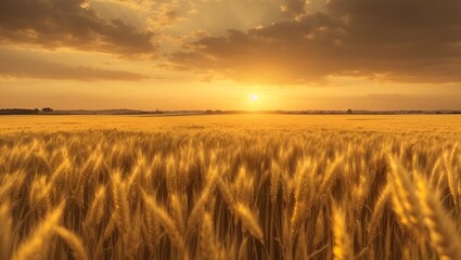 Beautiful mesmerizing landscape of wheat field in sunset or sunrise. Minimal abstract background with nature and summer concept. With copy space.