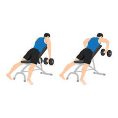 Man character doing Dumbbell incline bench row exercise. Flat vector illustration isolated on white background