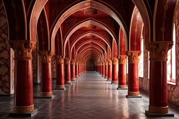 Monastery hallway with wooden red arches. Generative AI - obrazy, fototapety, plakaty