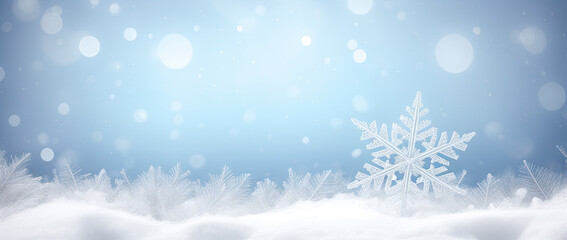 snowflake ice crystal shape blurry lights and snow falling on a cold winter. Christmas snowflakes background. Wide panoramic background.