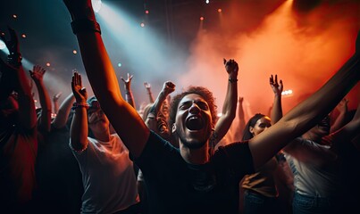 Photo of a crowd of enthusiastic concert-goers raising their arms in excitement