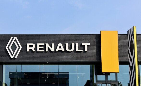Reana, Italy. October 3, 2023. Renault official dealership with brand name and logo of the french automaker on the facade.