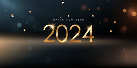 Fotobehang happy new year 2024 with golden 3d typography design template 2024 new year celebration concept for greeting card Badges and post templates © HNKz