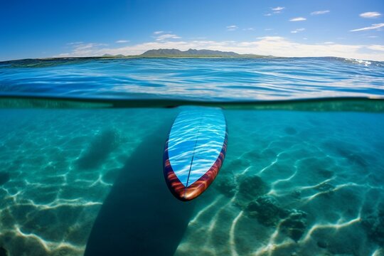 Image of surfboard in azure ocean. Generative AI